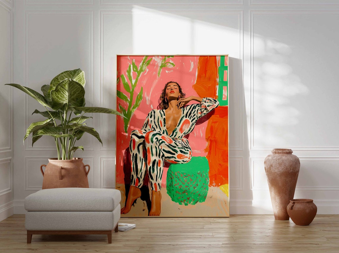 Relaxed Woman in Patterned Jumpsuit Colorful Tropical Art Poster - Image 2