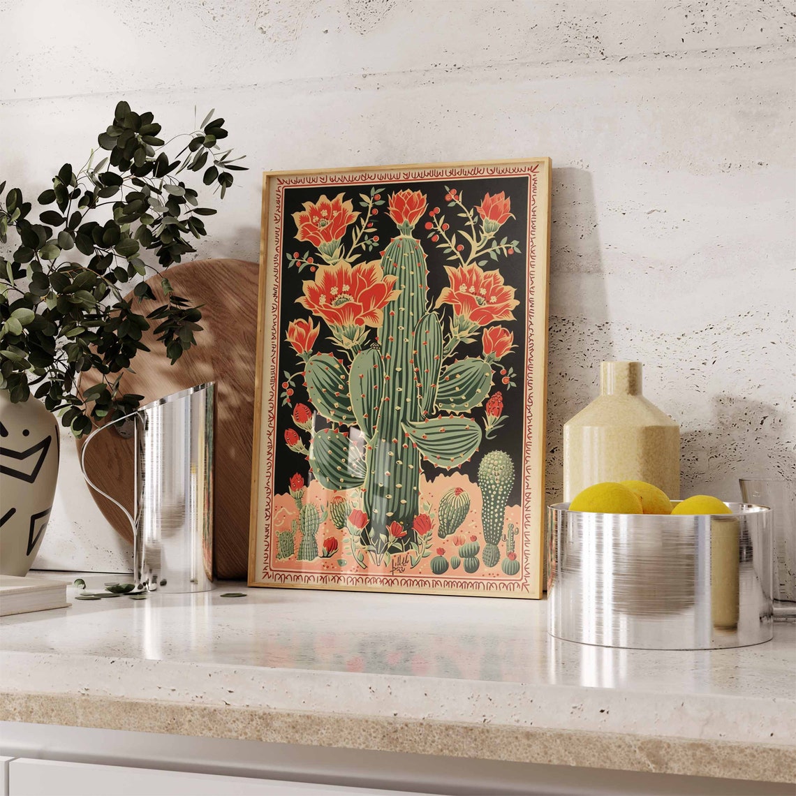 Vintage Mexican Blooming Cactus Folk Art Picturesque Wall Art - Image 2
