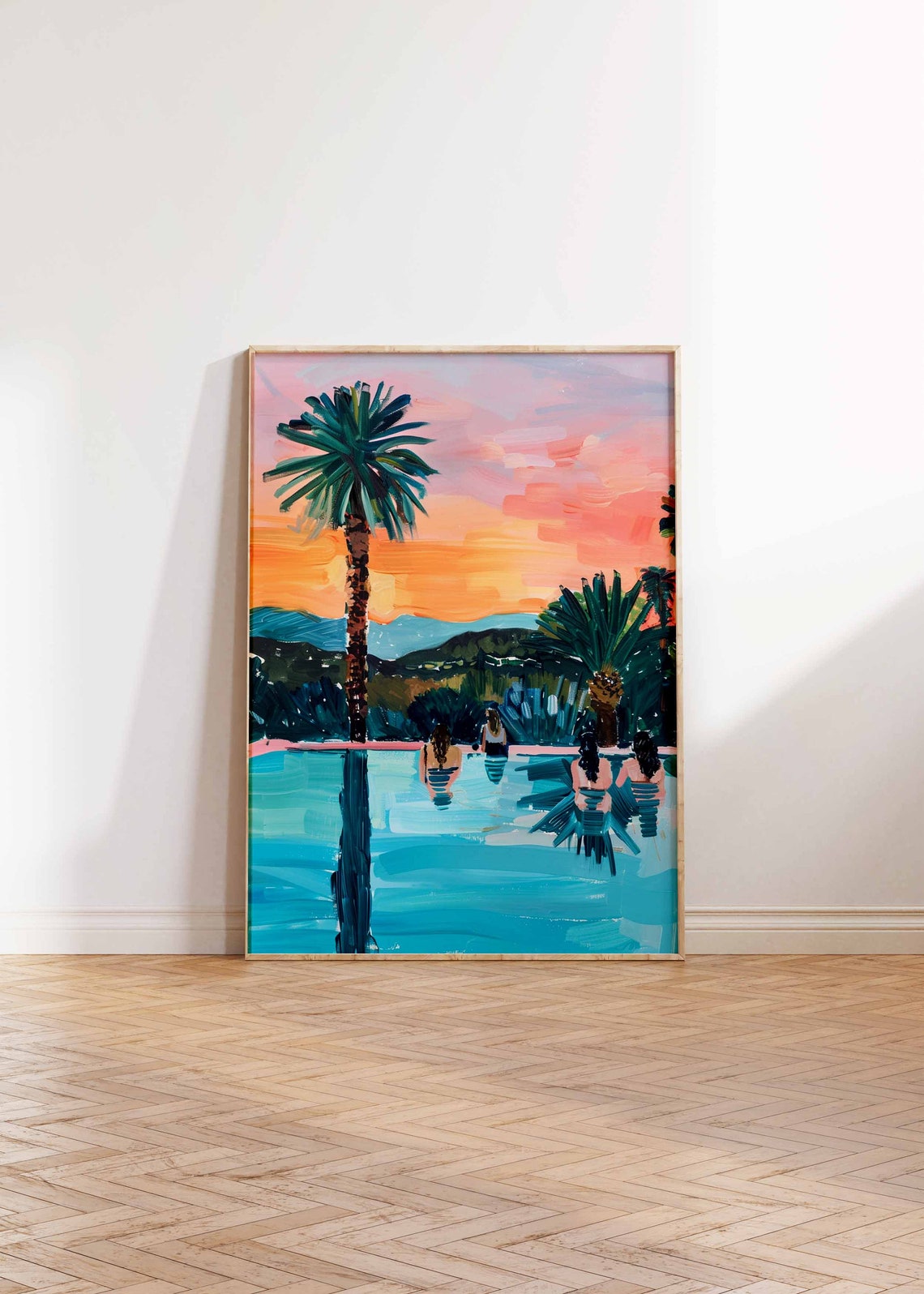 Vibrant Tropical Palm Pool Sunset With Swimmers Scene Art Poster - Image 3