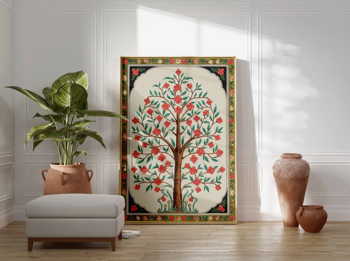 Red Blossom Cherry Tree Indian Folk Botanical Vintage Art Poster - Image 2
