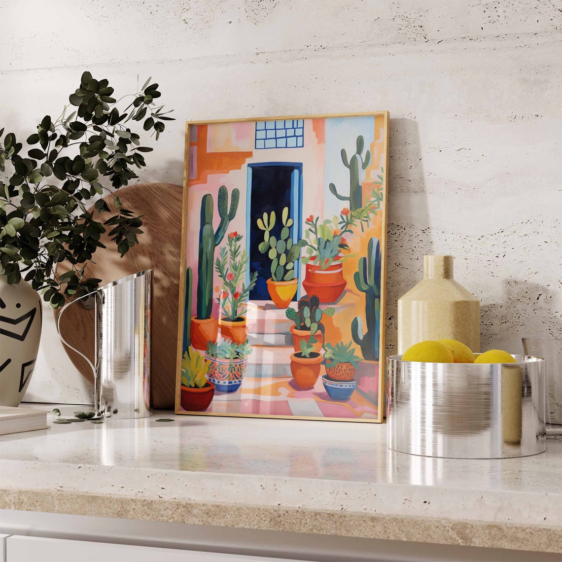 Vibrant Colorful Cactus Pots Southwestern Courtyard Wall Art - Image 3
