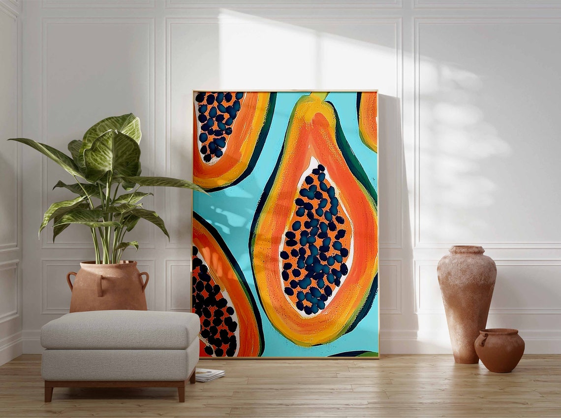 Big Juicy Papaya Halves on Aqua Painterly Pop Art Fruit Poster - Image 3
