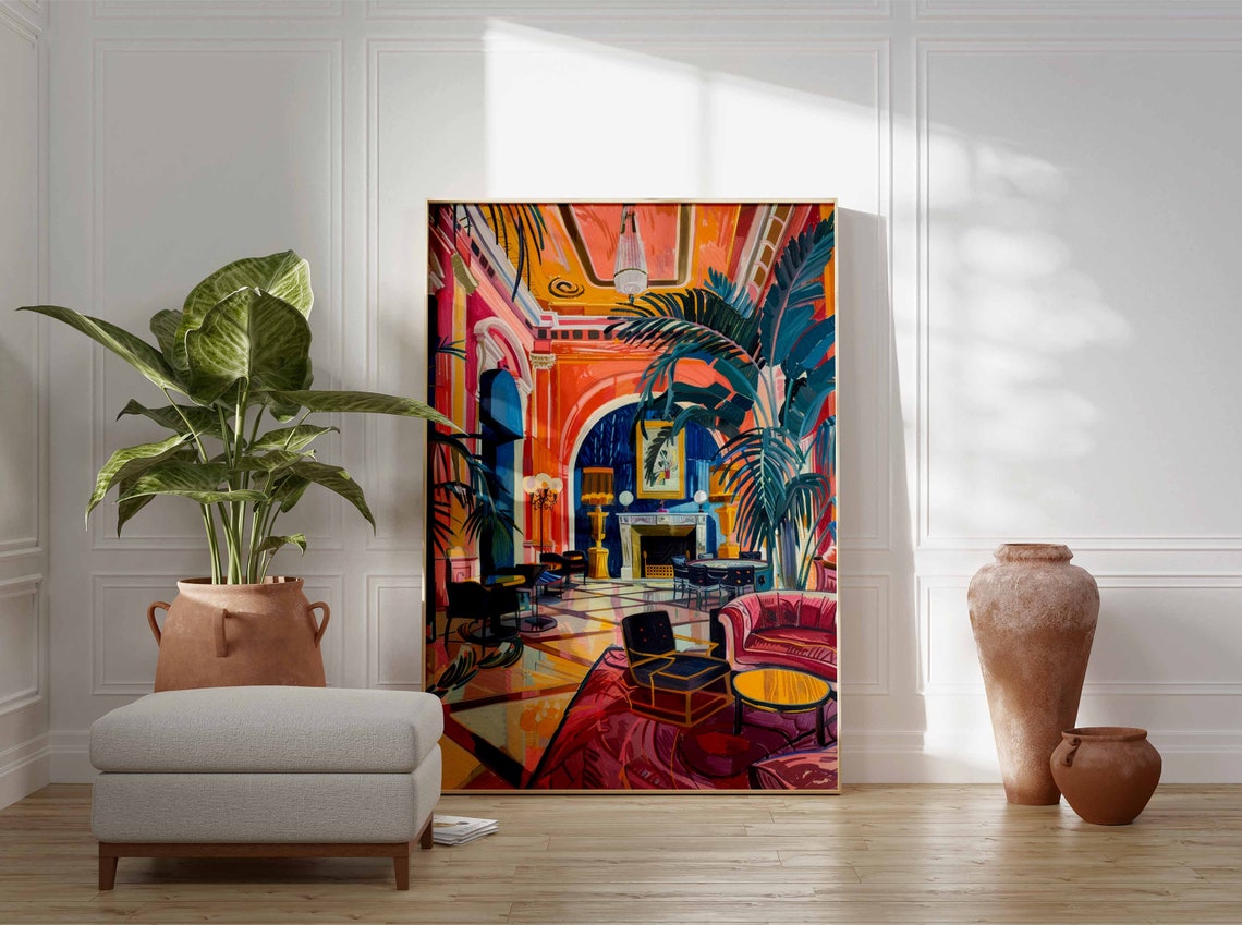 Coral Pink Casino Lounge Palms Fireplace Interior Art Poster - Image 3