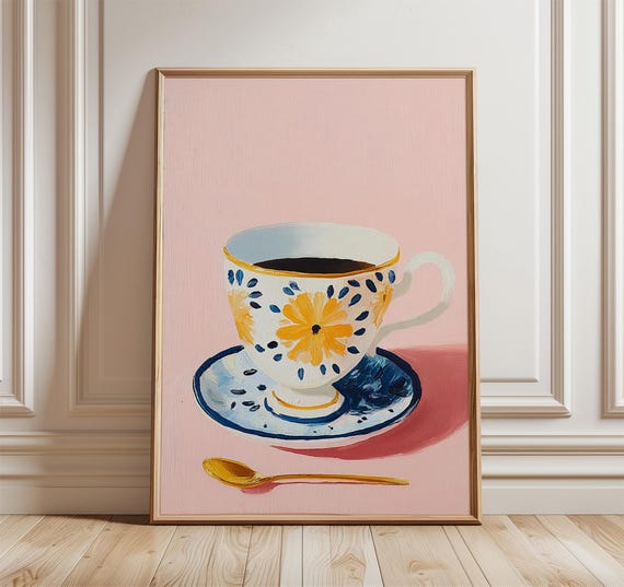 Floral Coffee Cup Art Print Modern Still Life Poster For Kitchen Pink And Blue Wall Elegant Tea Decor With Retro Painterly Style