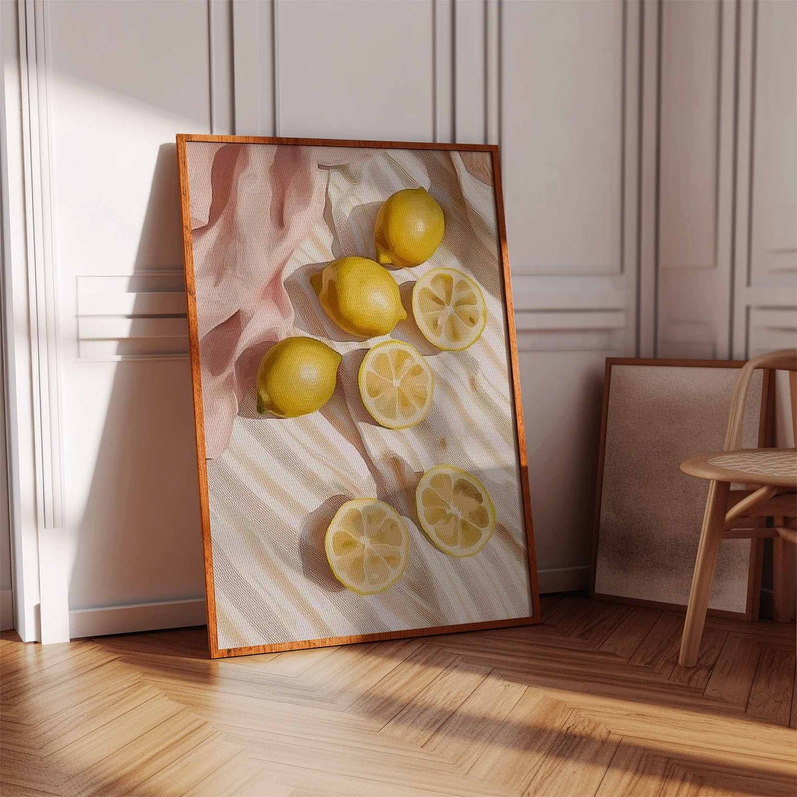 Modern Lemons Beige Striped Linen Soft Neutral Kitchen Art Poster - Image 2