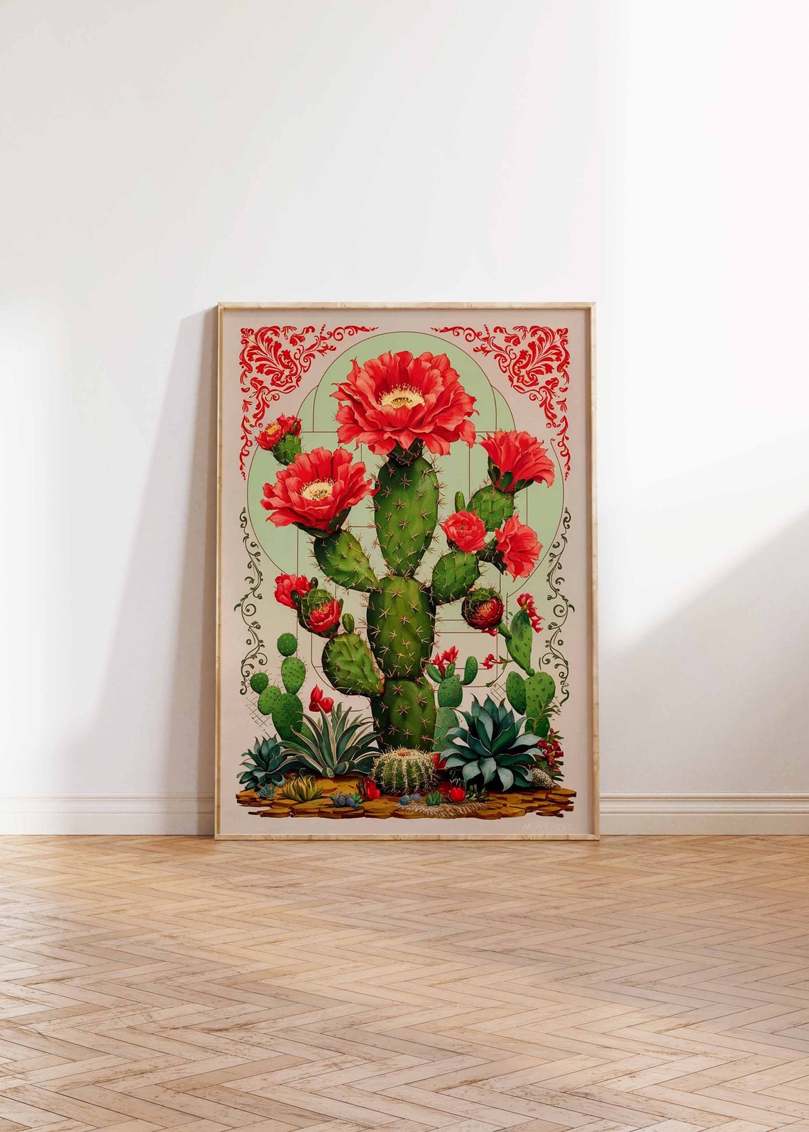 Opuntia Cactus Red Blooms Green Arch Vintage Botanical Poster - Image 3