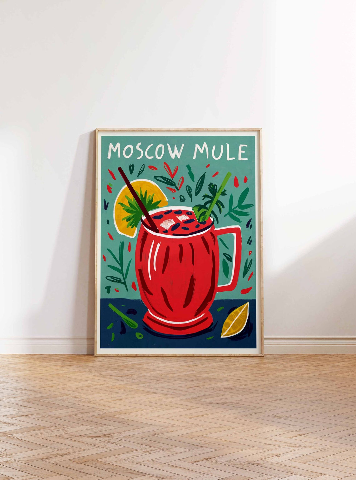 Moscow Mule Red Copper Mug Teal Botanical Cocktail Bar Poster - Image 2