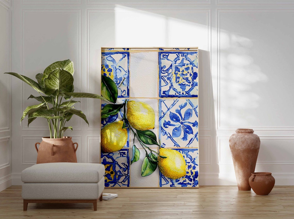 Fresh Lemon Branch on Blue White Tiles Watercolor Art Poster - Image 3