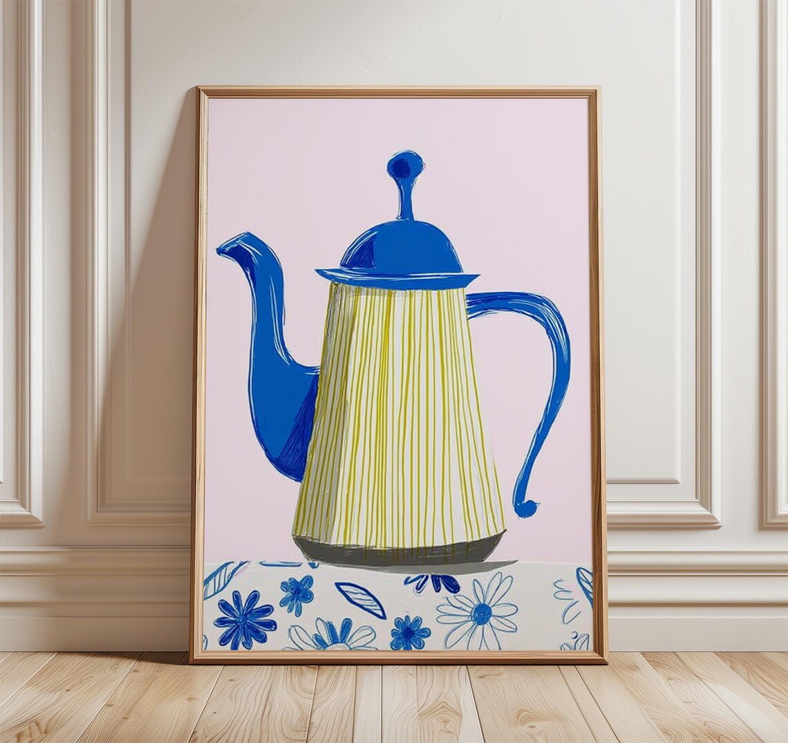 Modern Blue Teapot Poster, Minimalist Kitchen Decor