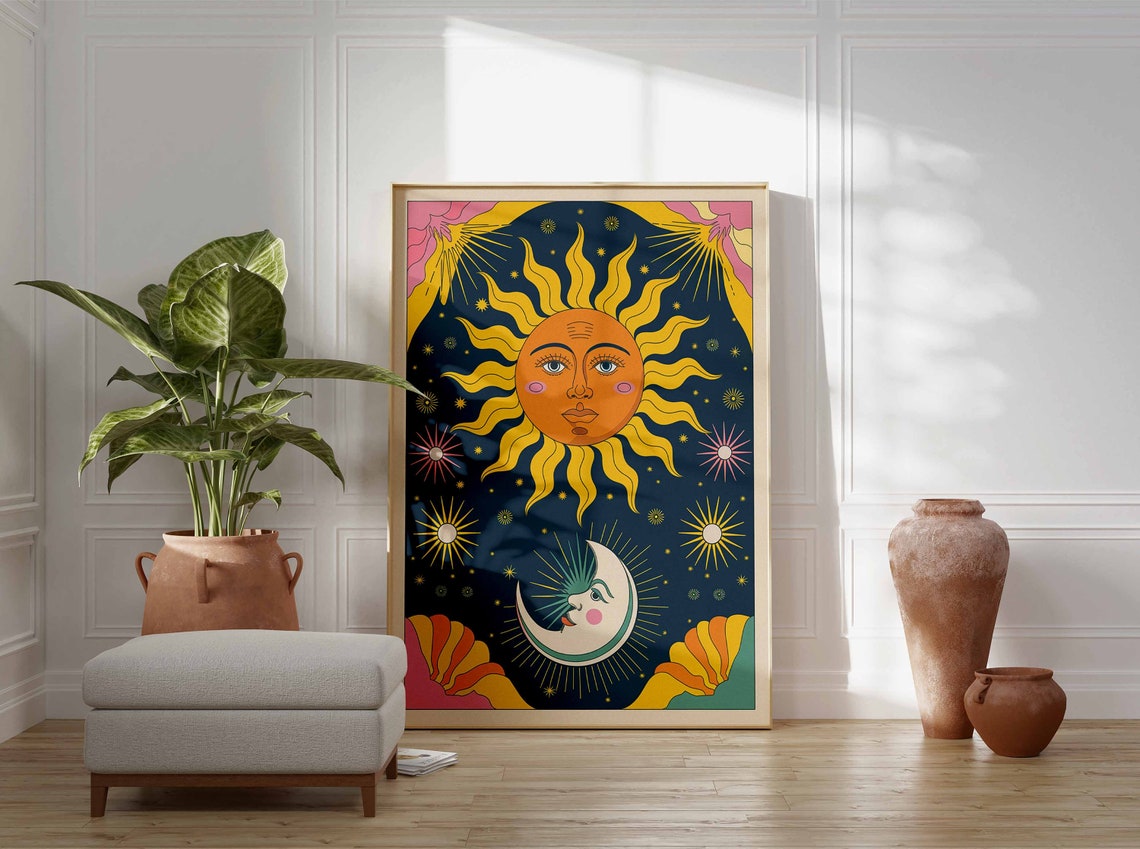 Cheerful Retro Orange Sun And Winking Moon Faces Colorful Poster - Image 3