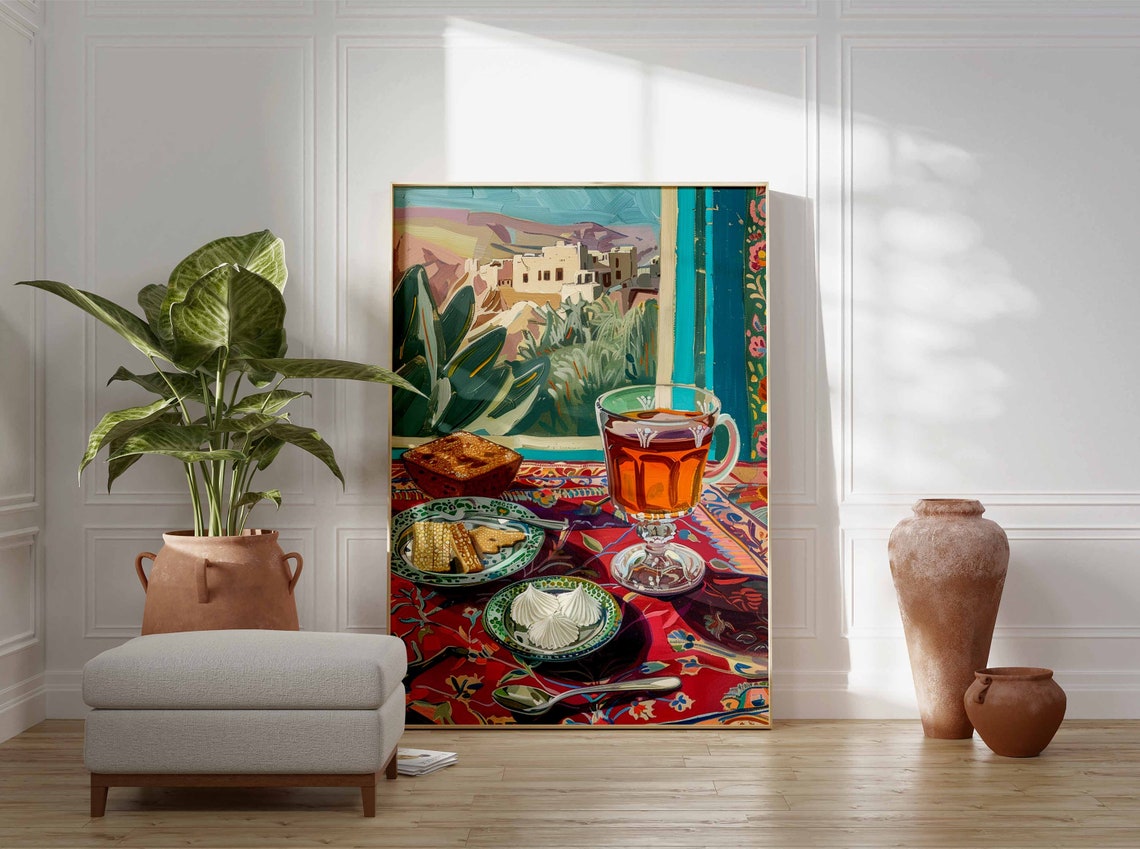 Tea Cake Slices Village Window View Colorful Still Life Art Poster - Image 3
