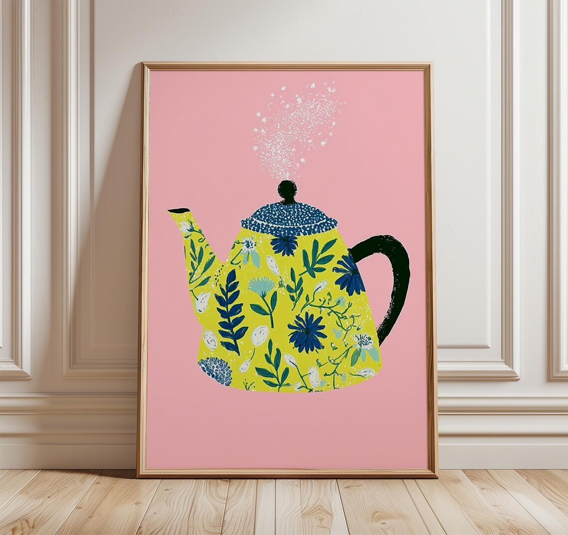 Yellow Floral Teapot Poster, Modern Kitchen Wall Art