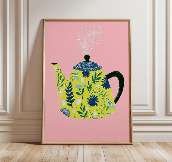 Yellow Floral Teapot Poster, Modern Kitchen Wall Art