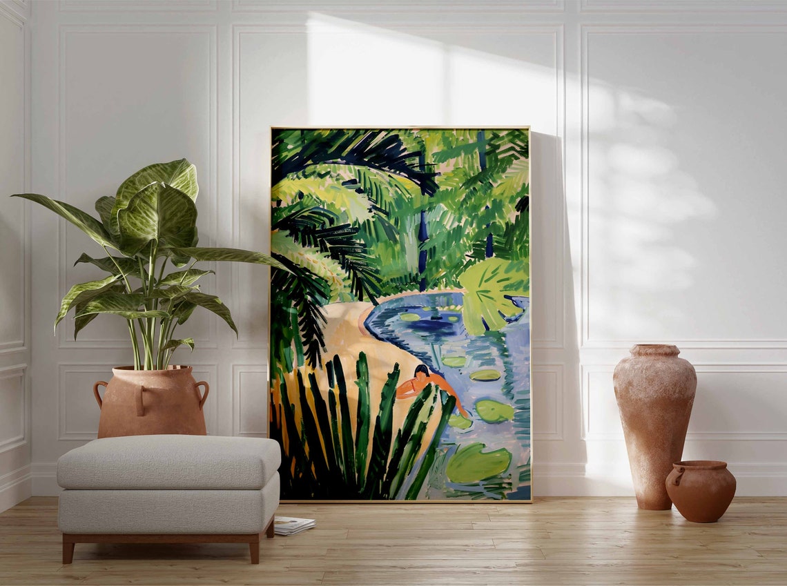 Woman Diving into Blue Lily Pond with Palm Fronds Art Poster - Image 2