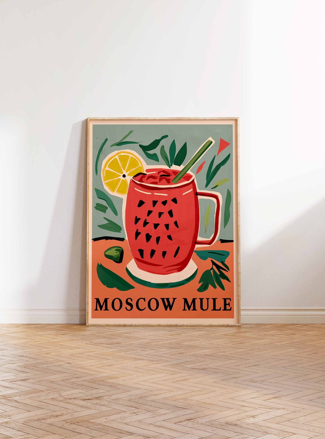 Moscow Mule Watermelon Pattern Mug Coral Retro Cocktail Wall Art - Image 2