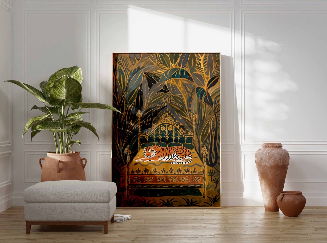 Resting Tiger on Golden Bed Dark Jungle Foliage Illustration Poster - Image 3