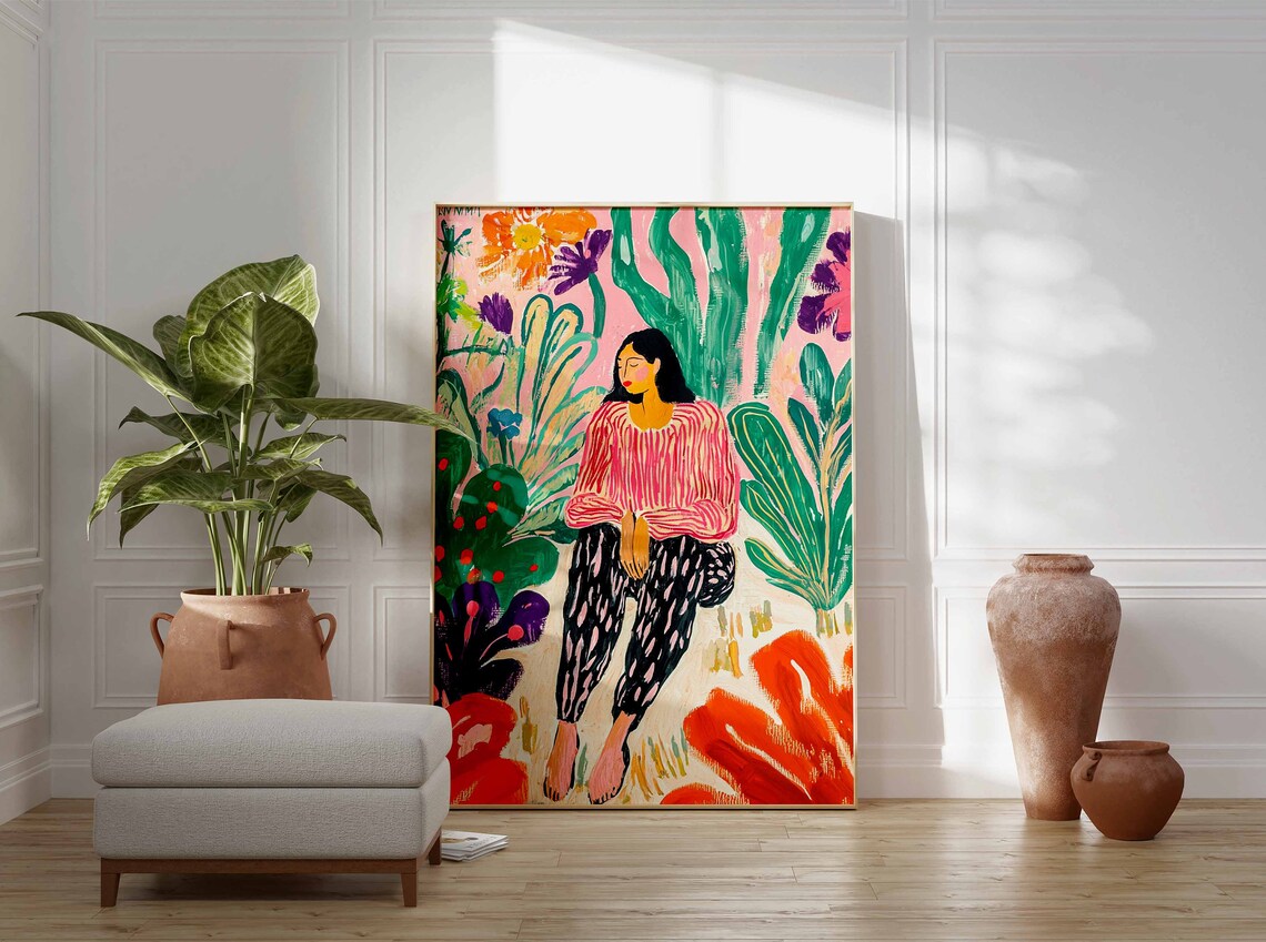 Woman Among Giant Tropical Flowers Colorful Botanical Art Poster - Image 2
