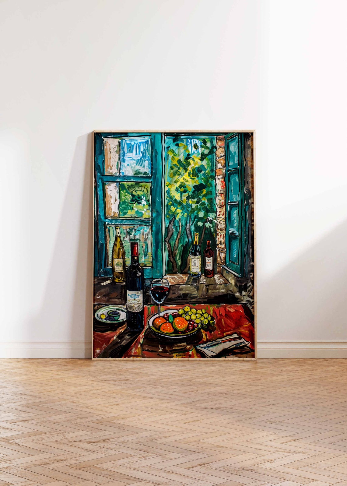 Wine Still Life Open Window Fruit Bowl Oil Painting Style Poster - Image 2