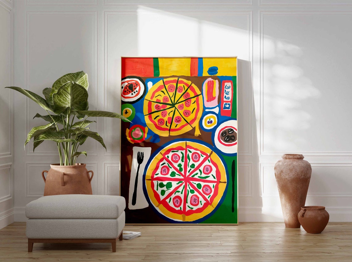 Colorful Pizza Dinner Feast Illustration Retro Kitchen Art Poster - Image 3