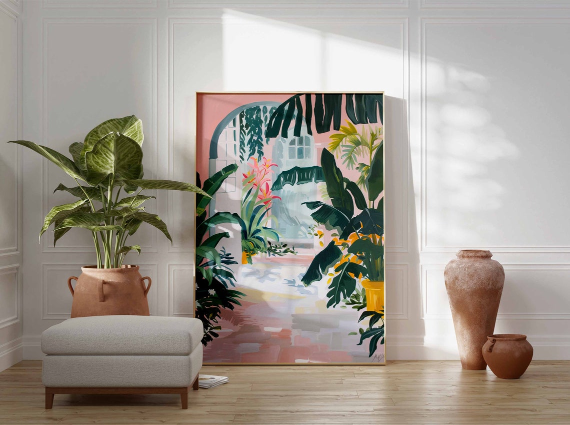 Sunny Tropical Courtyard Archway Pink Wall Botanical Art Print - Image 2