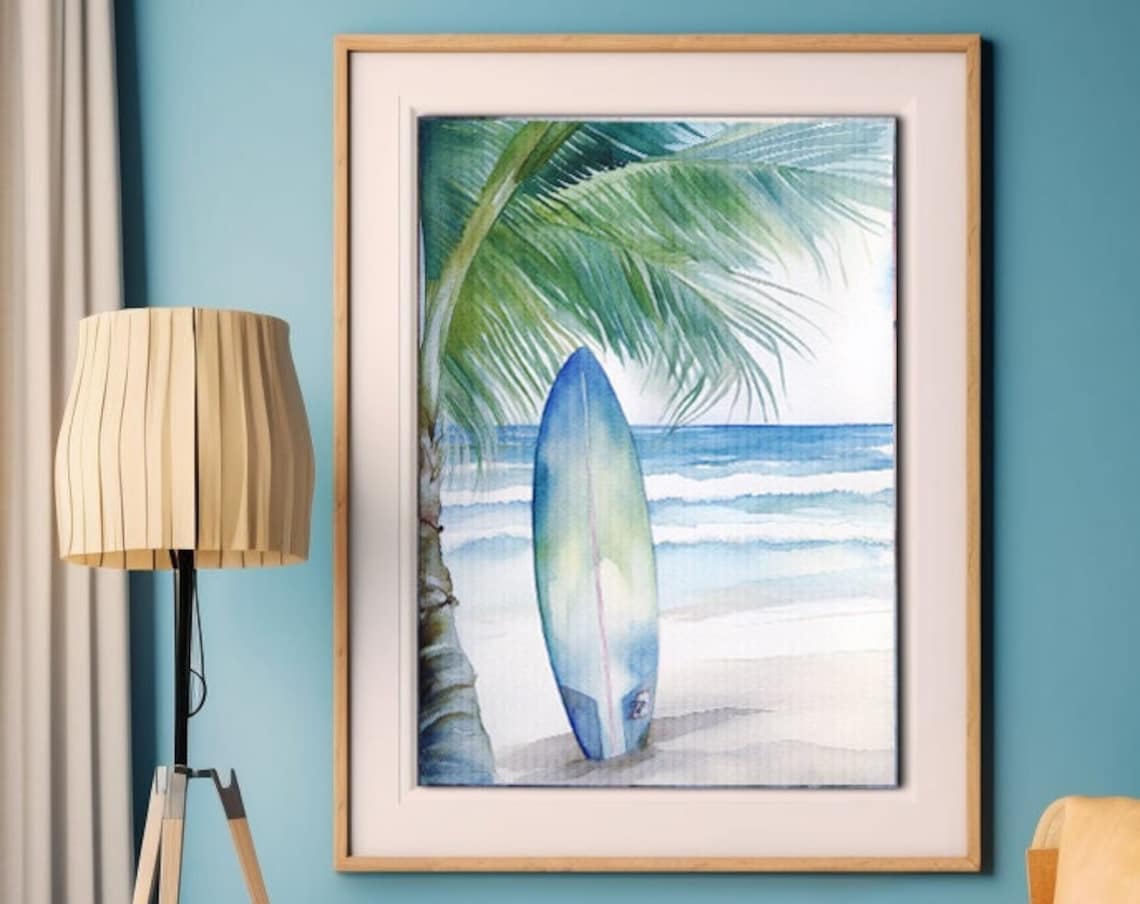Surfboard Palm Tree Beach Watercolor Art Print