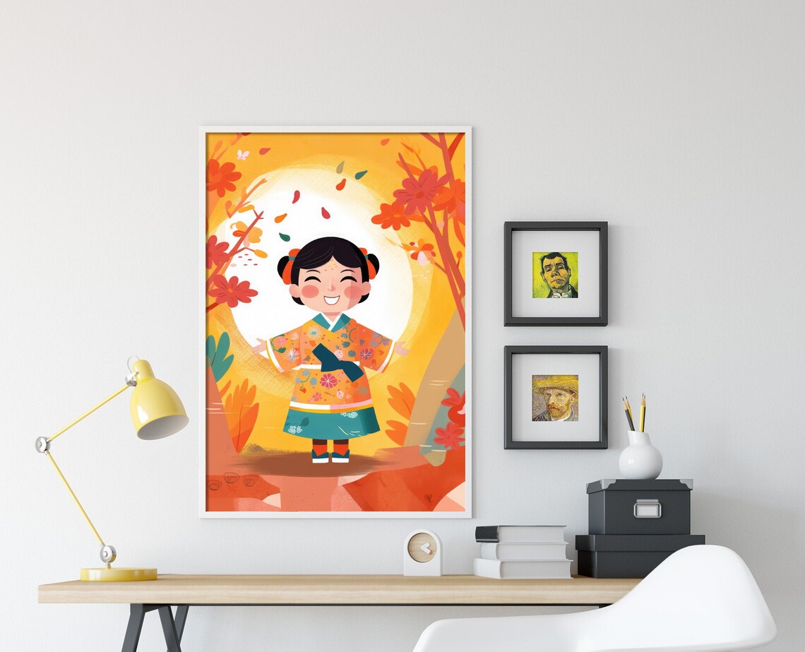 Happy Girl in Hanbok Korean Dress Autumn Trees Kids Room Art Print - Image 4