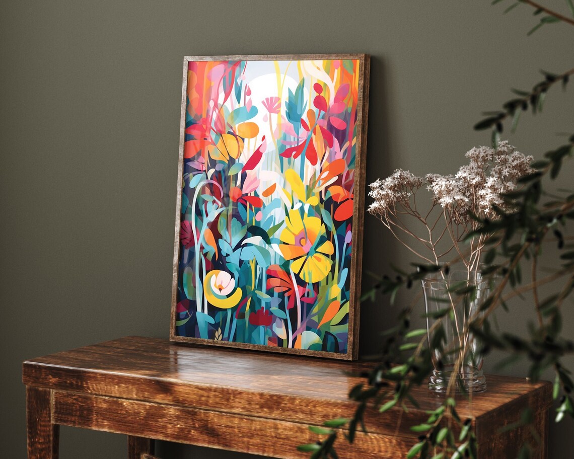 Abstract Colorful Garden Flowers Impressionist Bright Floral Print Art