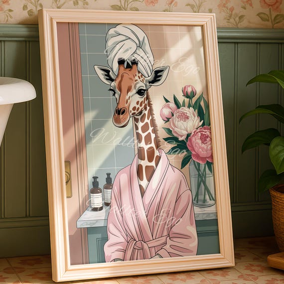 Giraffe In A Robe Cute Bathroom Wall Print Funny Home Decor Trendy New Gifts Spa Esthetician