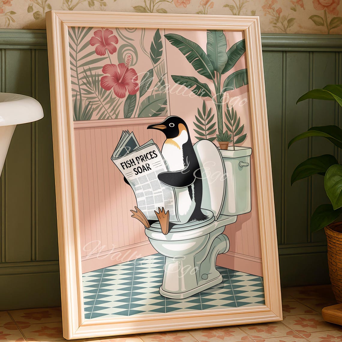 Penguin on Toilet Reading Fish Prices Soar Funny Bathroom Poster