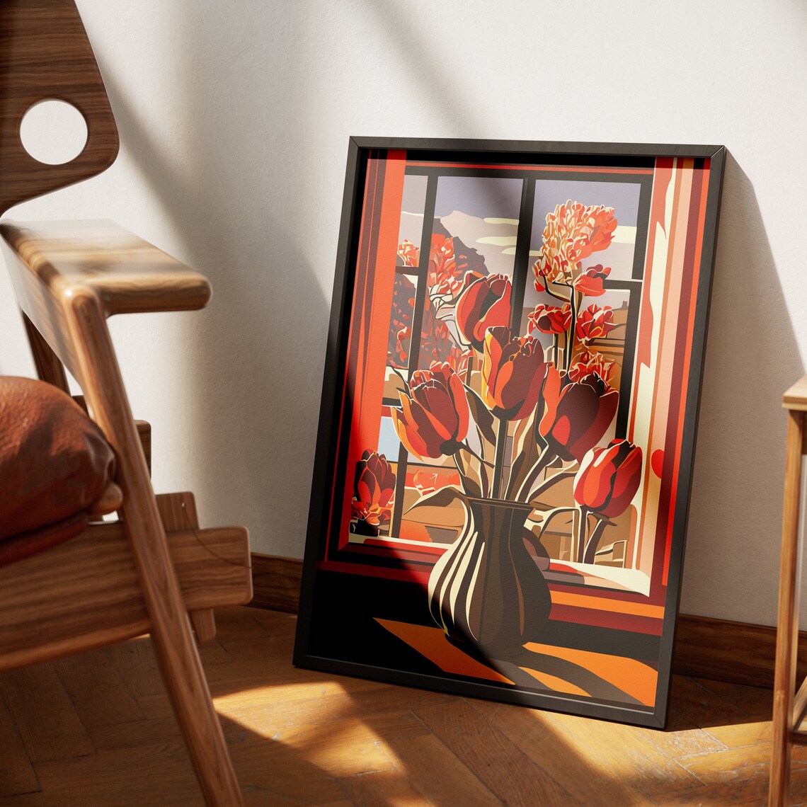 Red Tulips In A Vase Warm Window Light Floral Illustration Poster - Image 4
