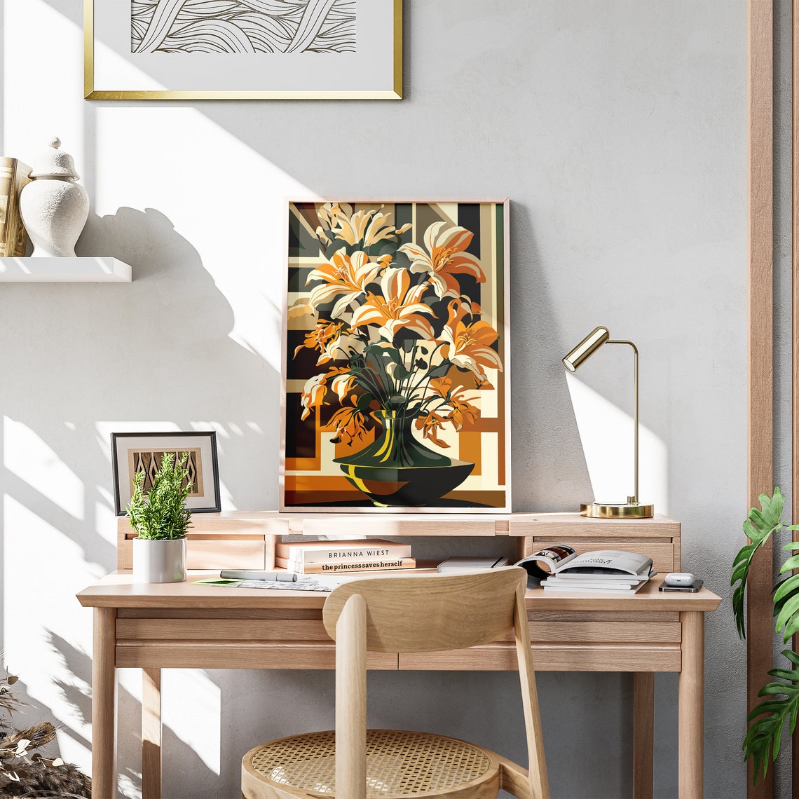 Golden Lilies In Dark Green Vase Art Deco Floral Illustration Poster - Image 3