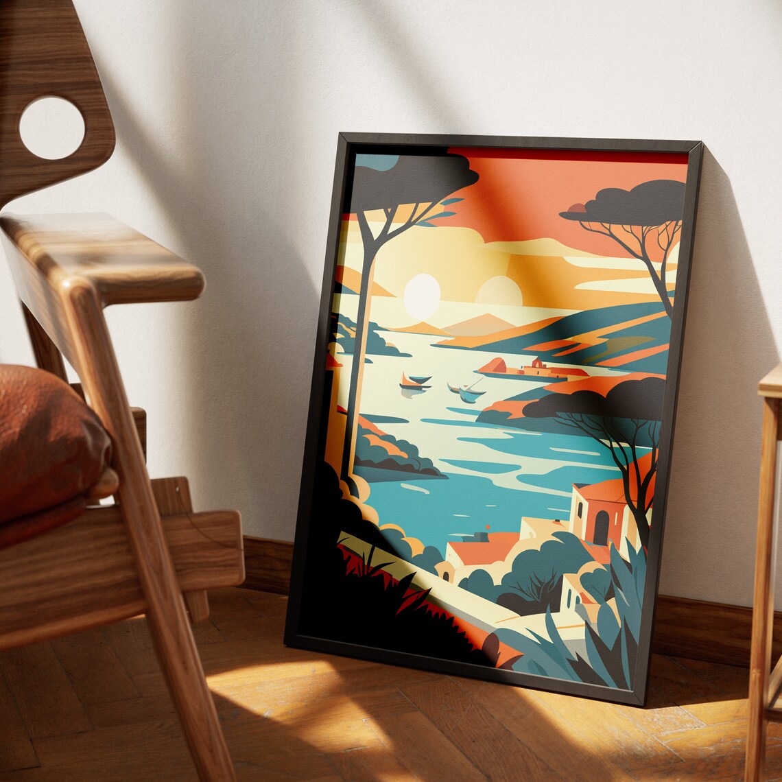 Summer Sunset Mediterranean Coastal Pines And Boats Illustration Poster - Image 4