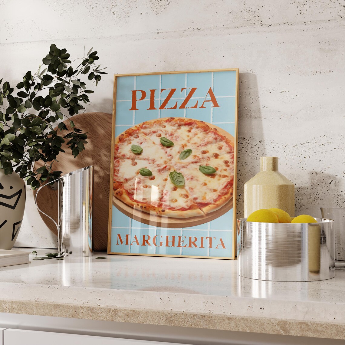 Classic Cheesy Pizza Margherita Retro Italian Kitchen Wall Art - Image 2