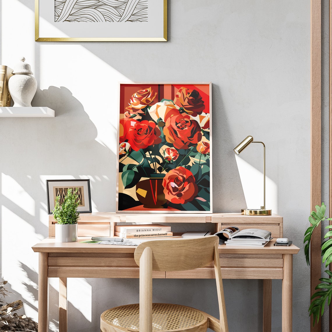 Passionate Red Roses In A Gold Vase Romantic Floral Art Poster - Image 3