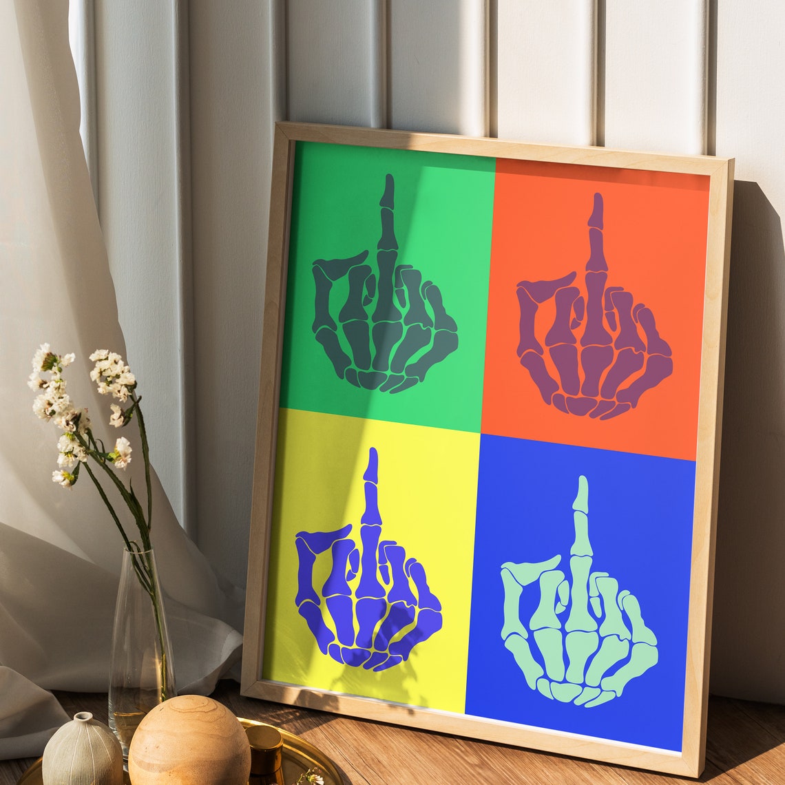 Colorful Pop Art Skeleton Hand Middle Finger Four Panel Poster - Image 2