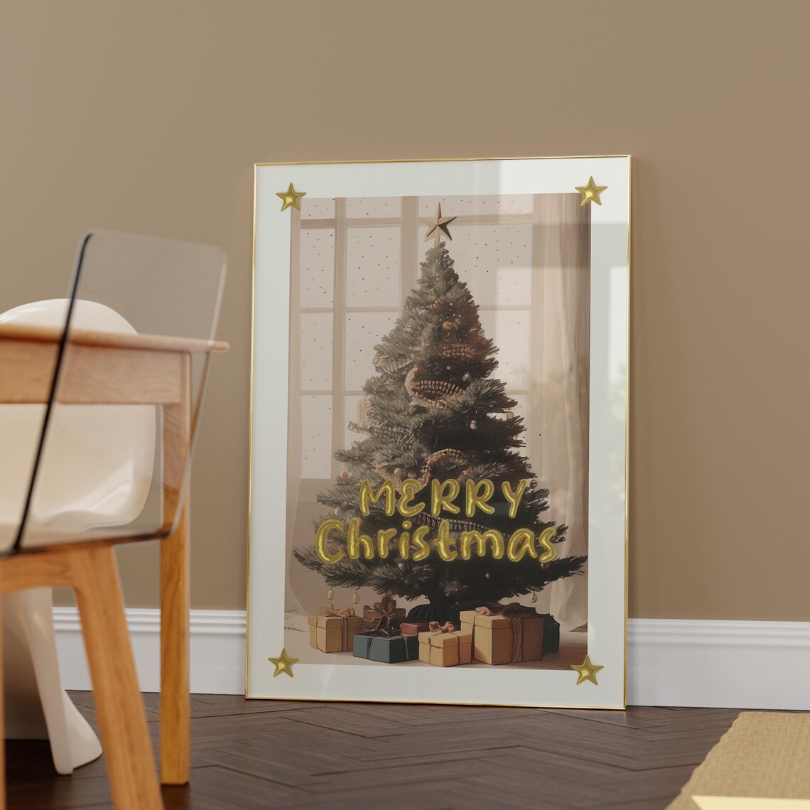 Merry Christmas Tree Photo Gold Balloon Letters Festive Holiday Poster - Image 2