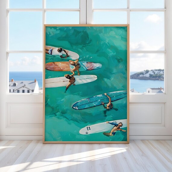Surf Girls Aerial Surfers Ocean Oil Painting Summer Art Print