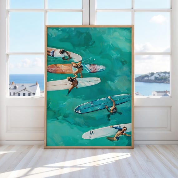 Surf Girls Oil Painting Ocean Print Summer Beach Poster Coastal Wall Art