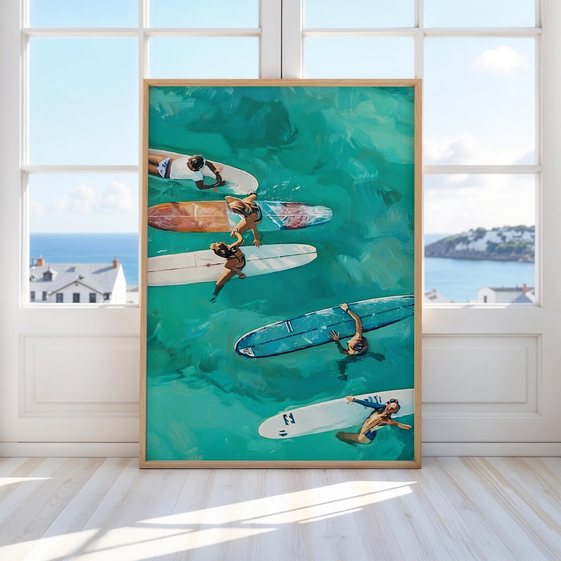 Surf Girls Aerial Surfers Ocean Oil Painting Summer Art Print