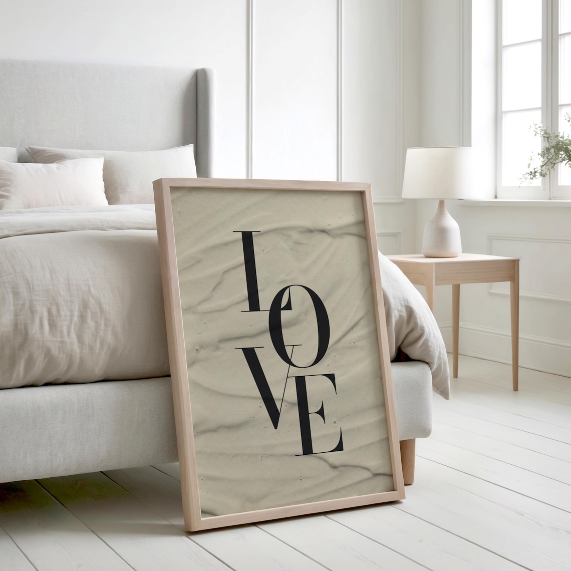 LOVE Stacked Typography Beige Minimalist Modern Bedroom Decor Poster