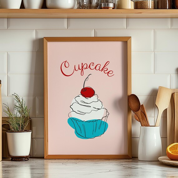Cherry Cupcake Line Art Teal Wrapper Kitchen Poster Pink Background