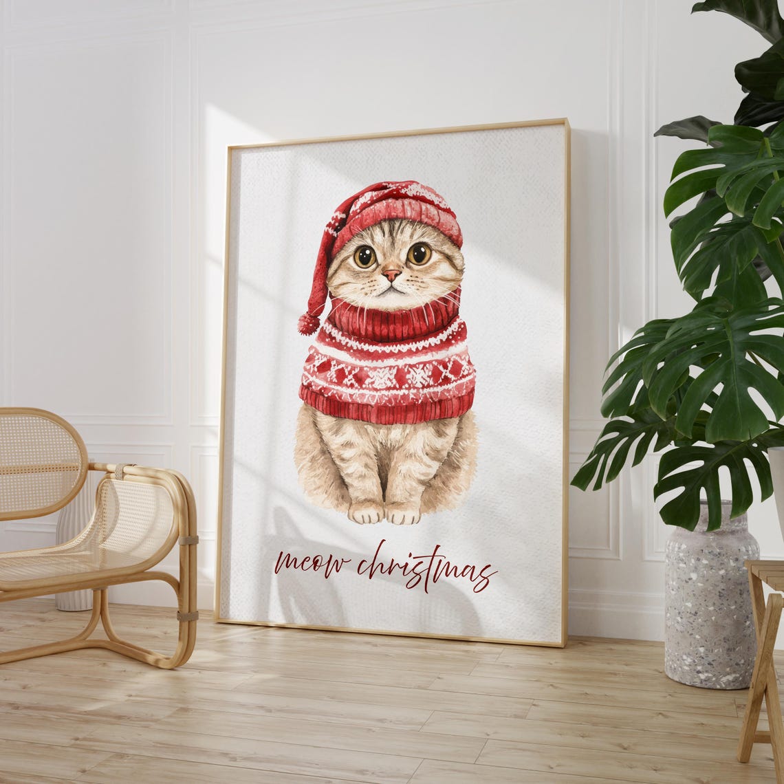 Meow Christmas Kitten Red Sweater Watercolor Cute Holiday Cat Poster - Image 3