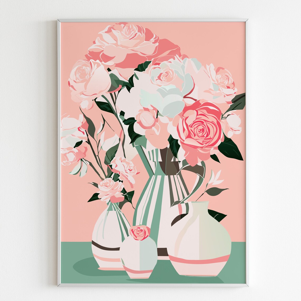 Pink Roses Bouquet In Pastel Vases Sweet Floral Illustration Poster