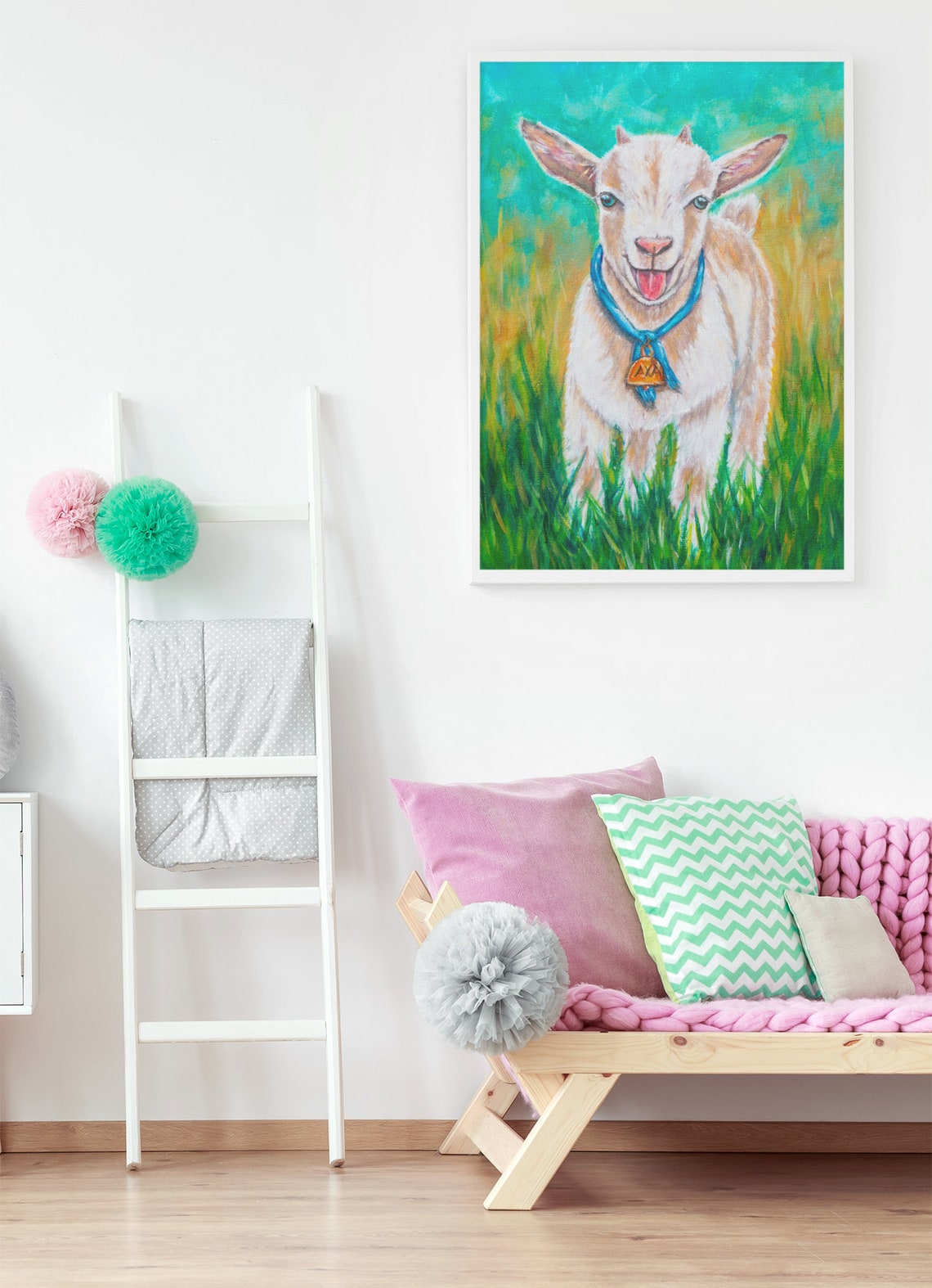 Baby Animal Art Nursery Wall Decor Kids Room Painting Childrens Art Toddler Room Art Farmhouse Decor Goat Animal Painting - Image 2