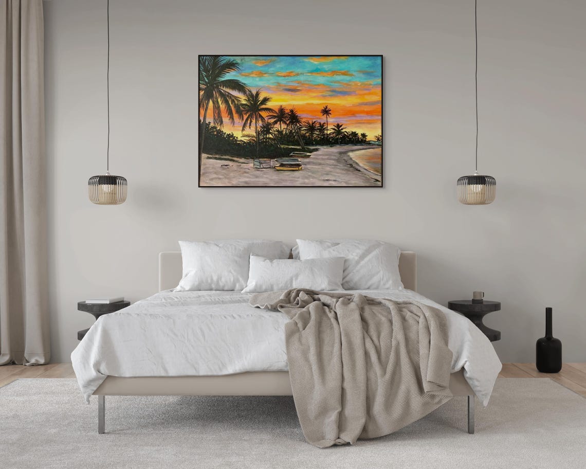 Tropical Palm Beach Sunset Orange Sky Beached Boats Island Poster - Image 2