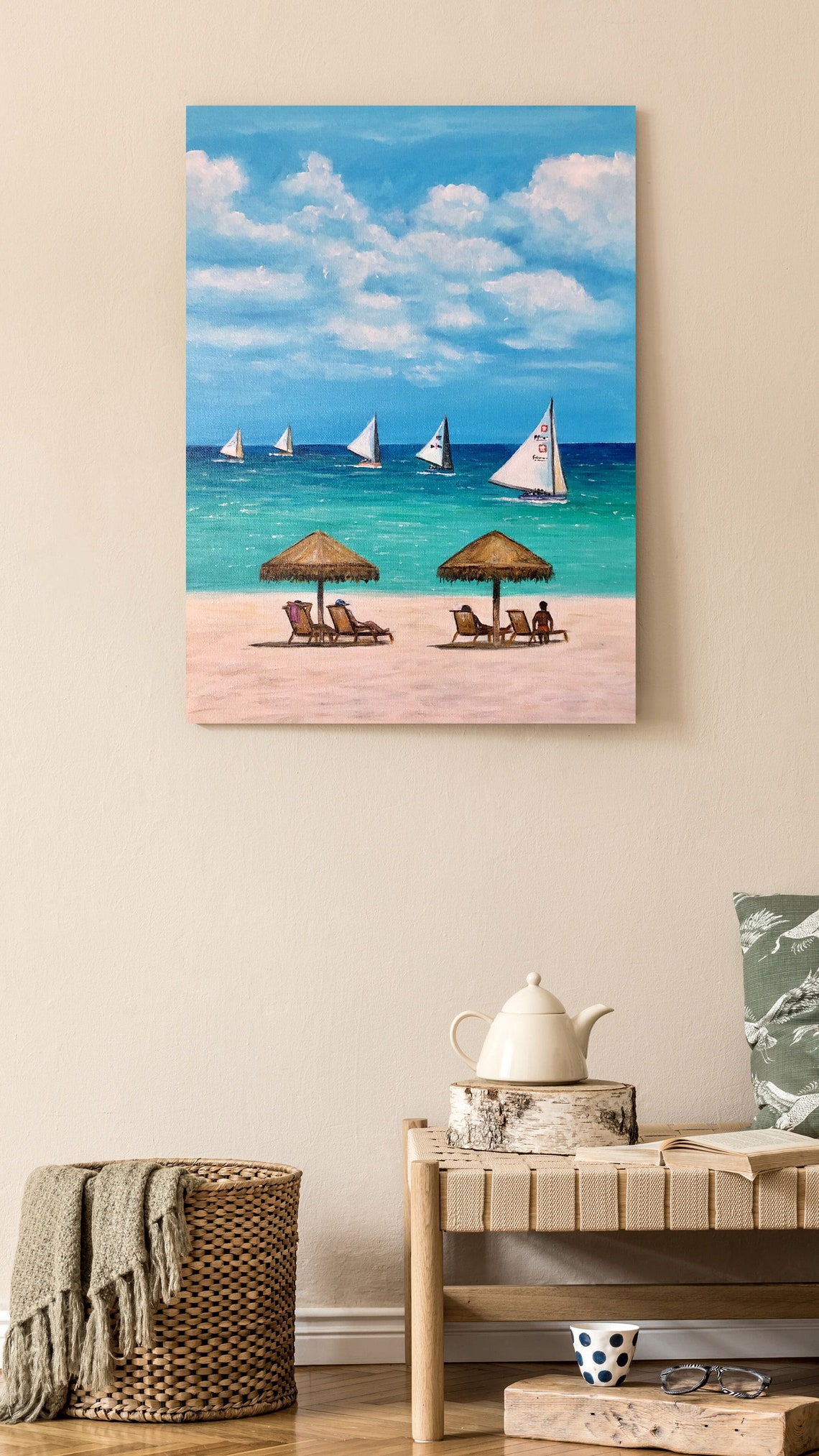 Sailboat Regatta Race Turquoise Beach Thatch Umbrella Coastal Poster - Image 2