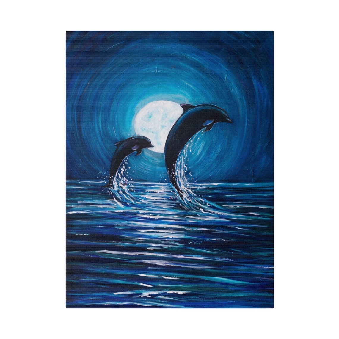 Dolphins Leaping Moonlight Painting Ocean Night Blue Waves Art Poster - Image 5