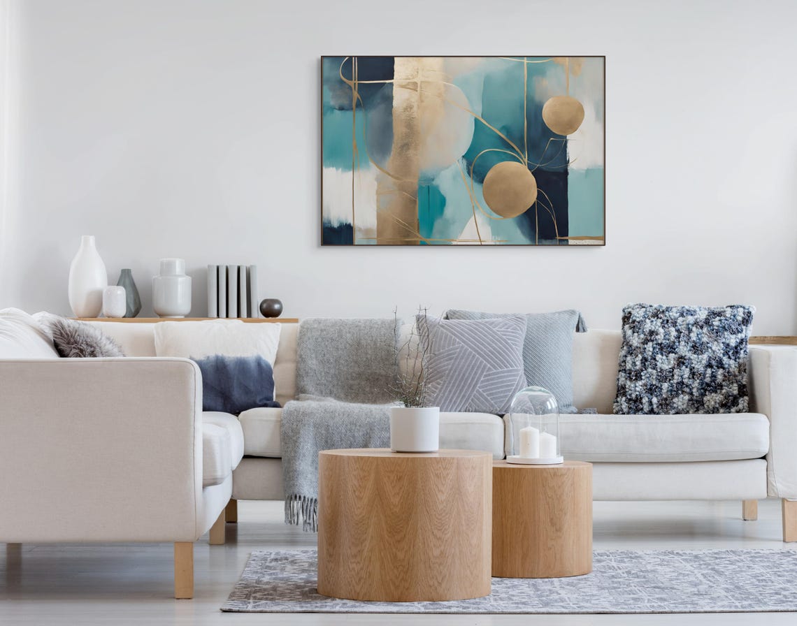 Abstract Teal Navy Gold Circles Linework Modern Office Art Poster - Image 3