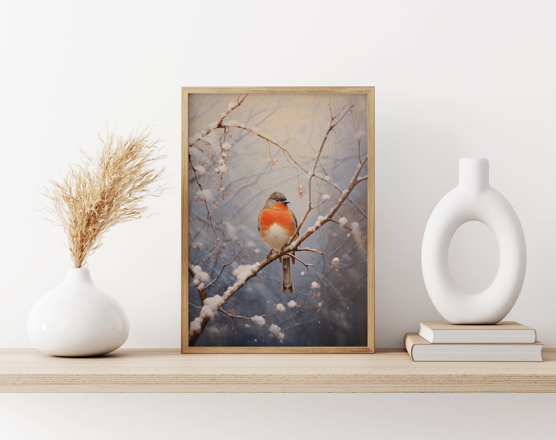 Robin Resting on a Snow Covered Branch in Soft Winter Light Poster - Image 3