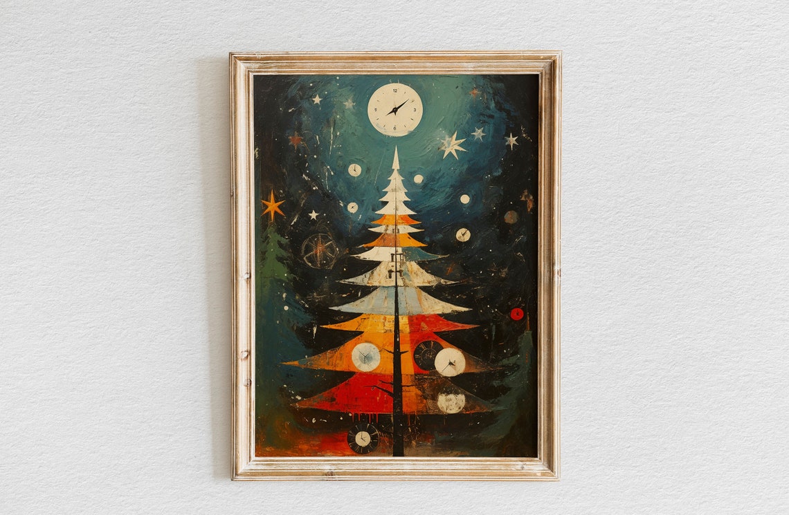 Midnight Clock Christmas Tree Abstract Modern Holiday Poster